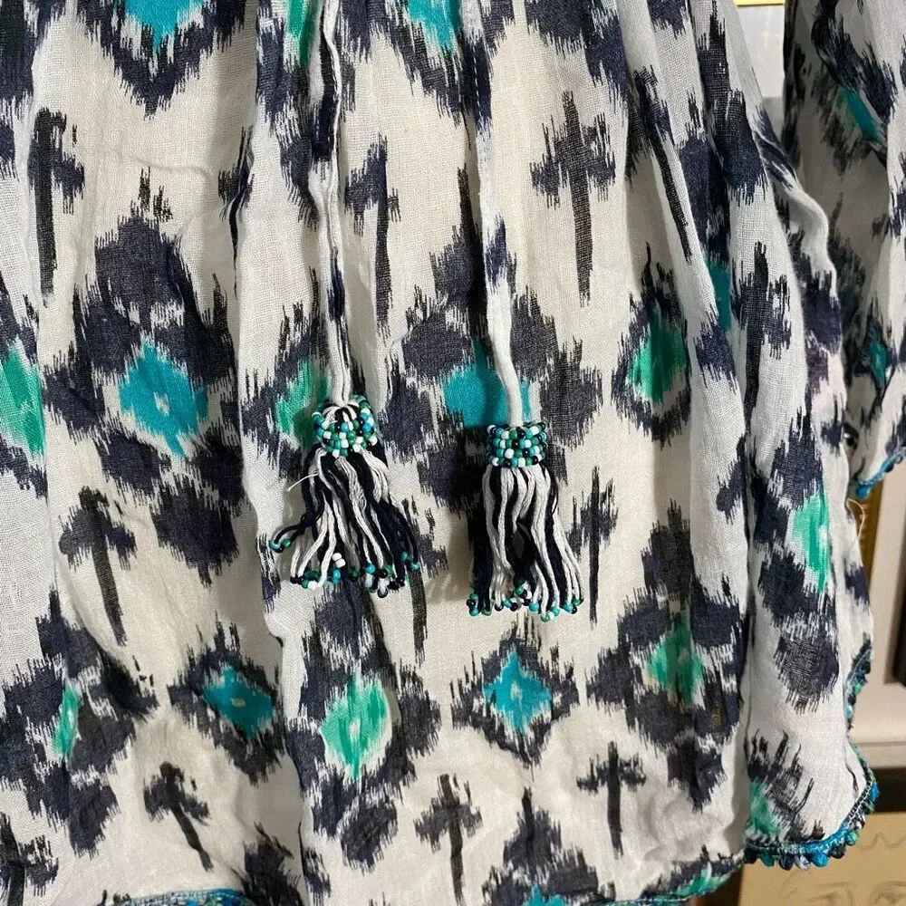 Calypso St Barth Women’s Size Large Fit Flare Blouse White Turquoise Tie Waist - Picture 8 of 8